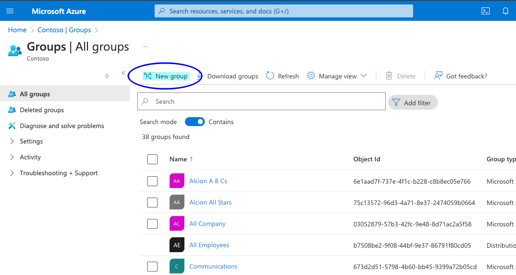 Microsoft Entra ID UI, adding a New Group