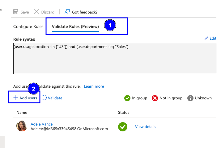 Microsoft 365 Dynamic Group Validate Rules UI