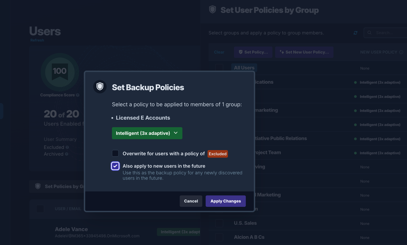 Alcion Microsoft 365 Backup UI - Set policies by Groups