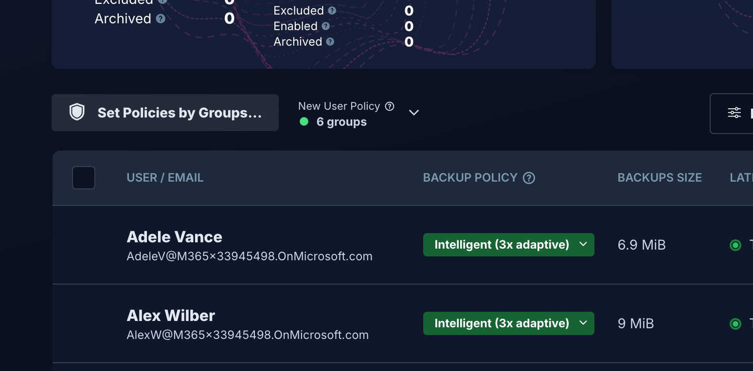 Alcion Microsoft 365 Backup UI - Set policies by Groups