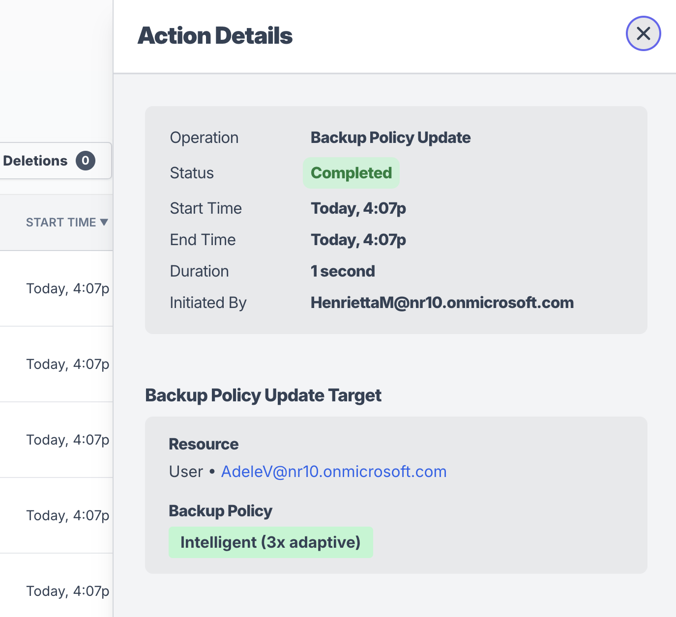 Backup policy update activity details