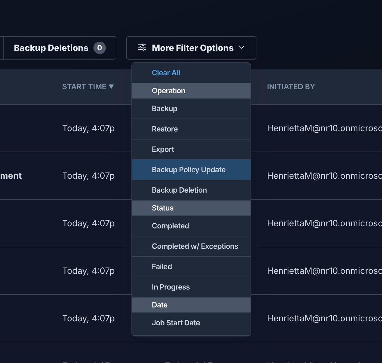 Backup policy update activity details