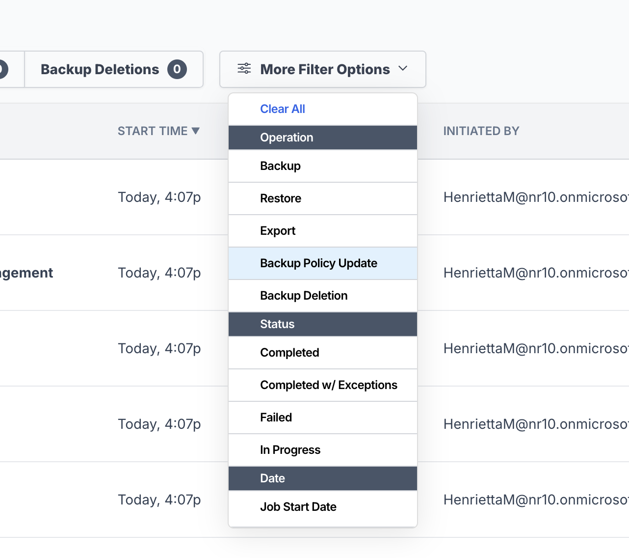 Backup policy update activity details