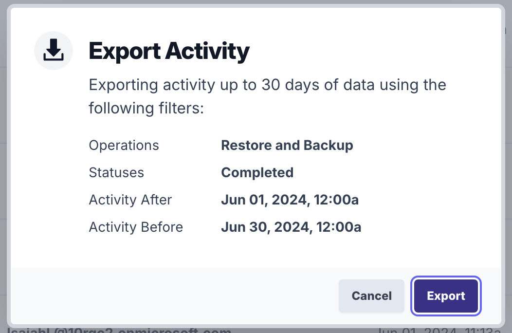 Activity Export confirmation dialog